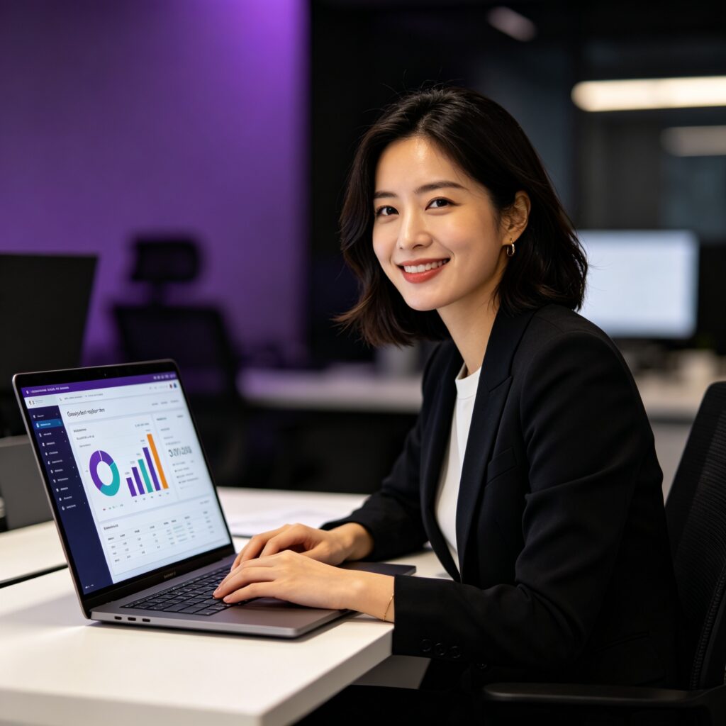 Fotografia realista, profissional de marketing digital, pessoa sorrindo trabalhando em um escritório moderno. Cores roxo escuro #820AD1, preto, cinza #4d4d4d e branco. Iluminação suave e elegante. Sem texto. Quadrado 1:1. Alta qualidade.